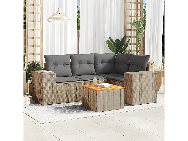Set Divano da Giardino 5 pz con Cuscini Beige in Polyrattan