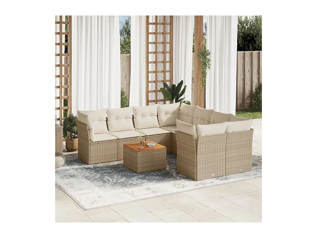 Set Divano da Giardino 9 pz con Cuscini Beige in Polyrattan
