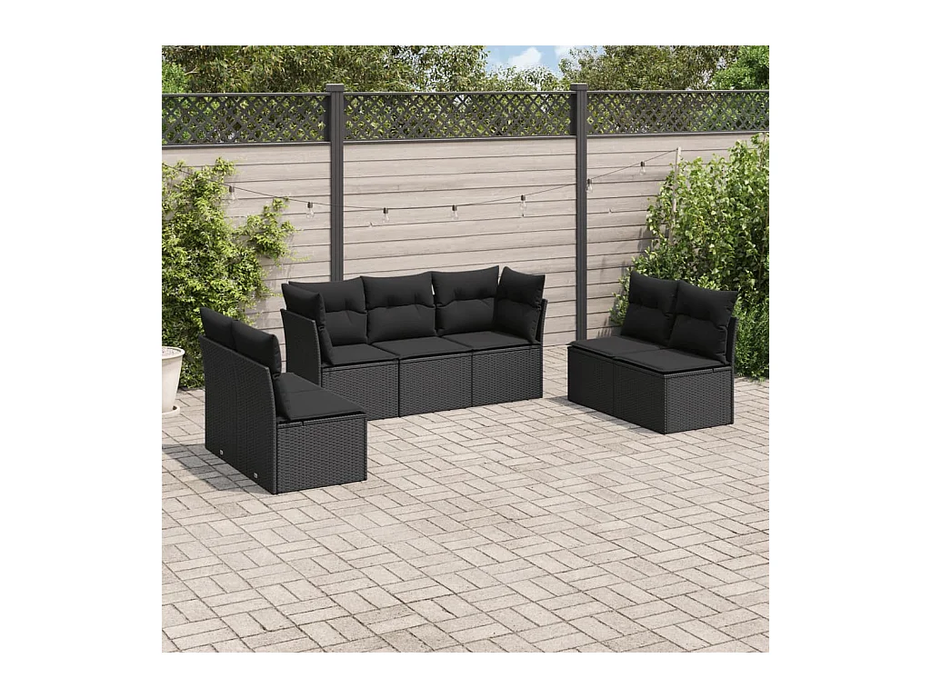 Salon de jardin 7 pcs avec coussins noir résine tressée