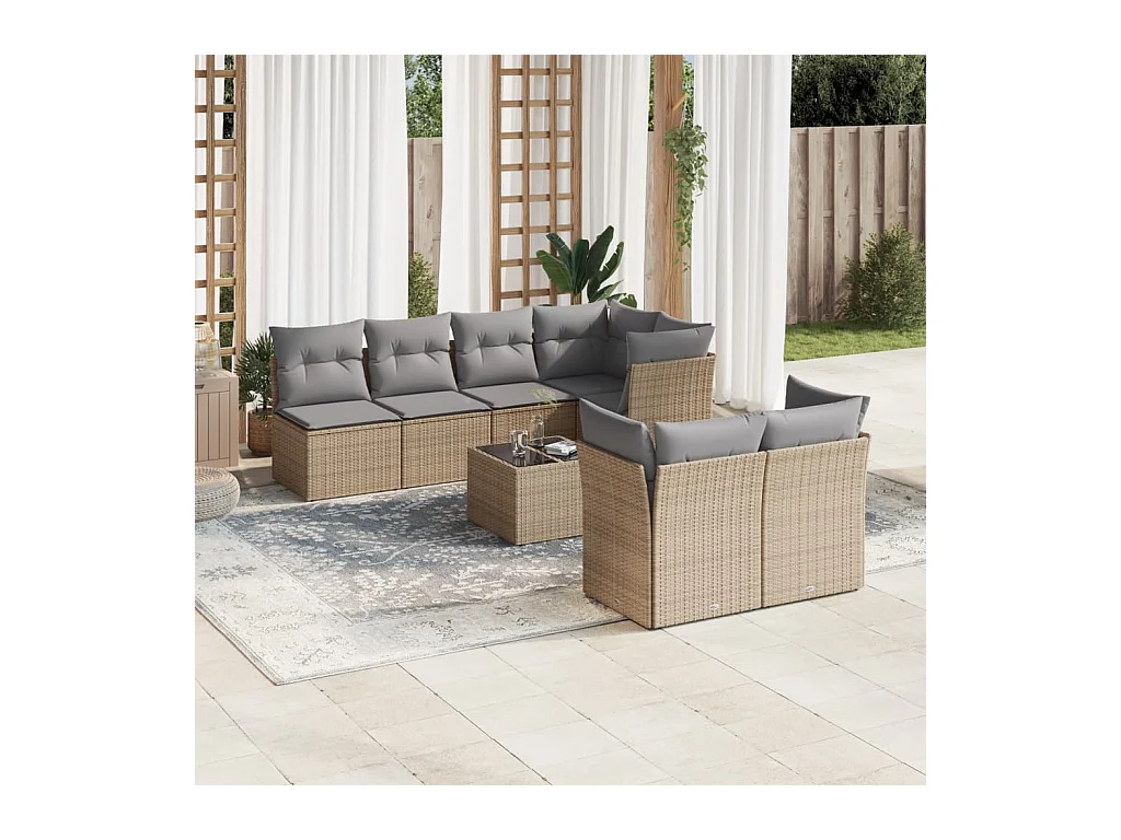 Salon de jardin avec coussins 8 pcs beige résine tressée