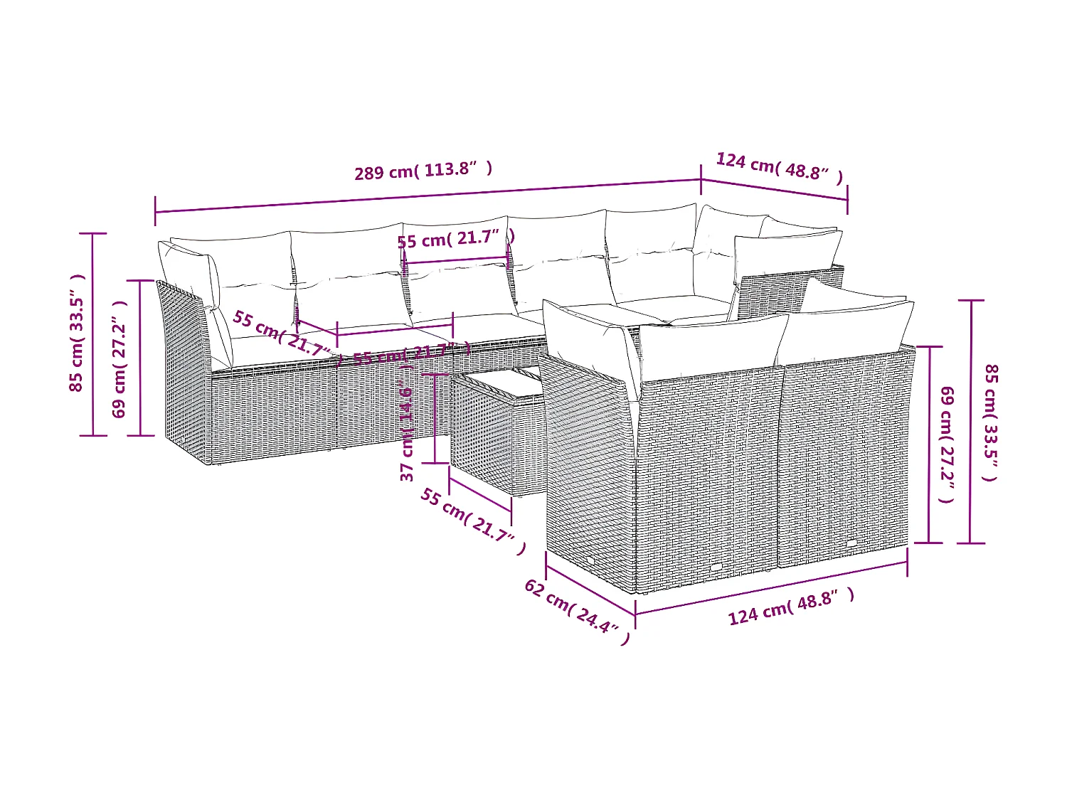 Salon de jardin 9 pcs avec coussins noir résine tressée