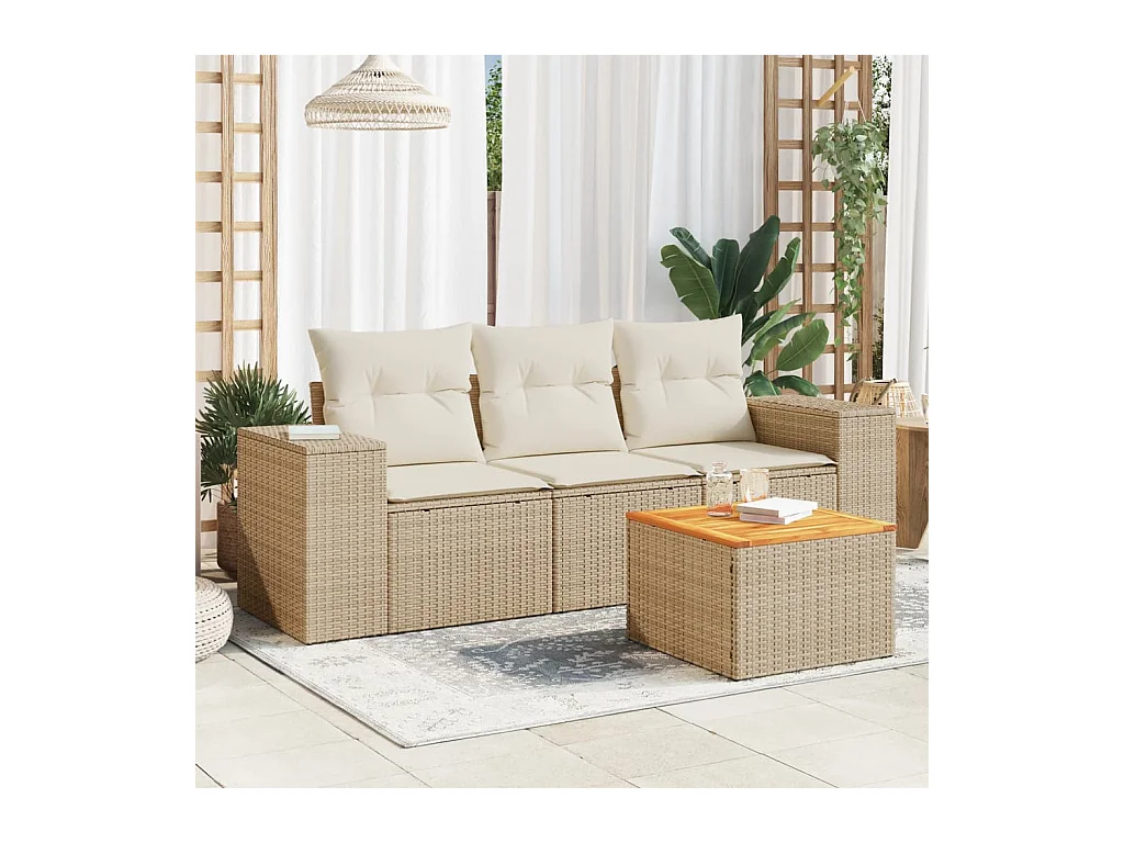 Salon de jardin avec coussins 4 pcs beige résine tressée
