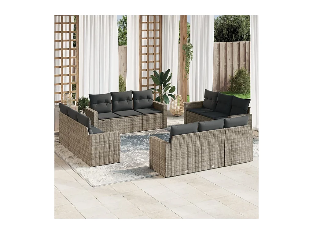 Salon de jardin avec coussins 12 pcs gris résine tressée