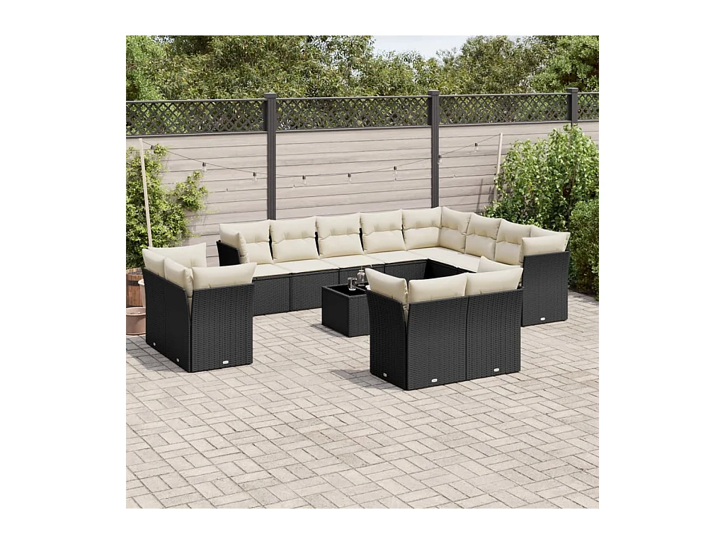 Salon de jardin avec coussins 13 pcs noir résine tressée