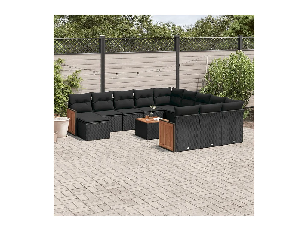 Salon de jardin avec coussins 13 pcs noir résine tressée