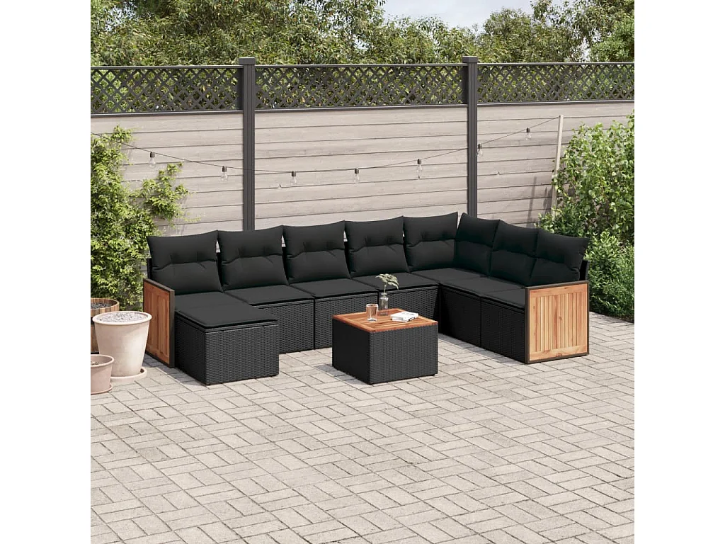 9-tlg. Garten-Sofagarnitur mit Kissen Schwarz Poly Rattan