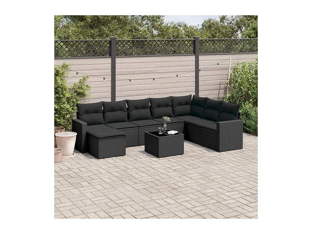 Salon de jardin 9 pcs avec coussins noir résine tressée