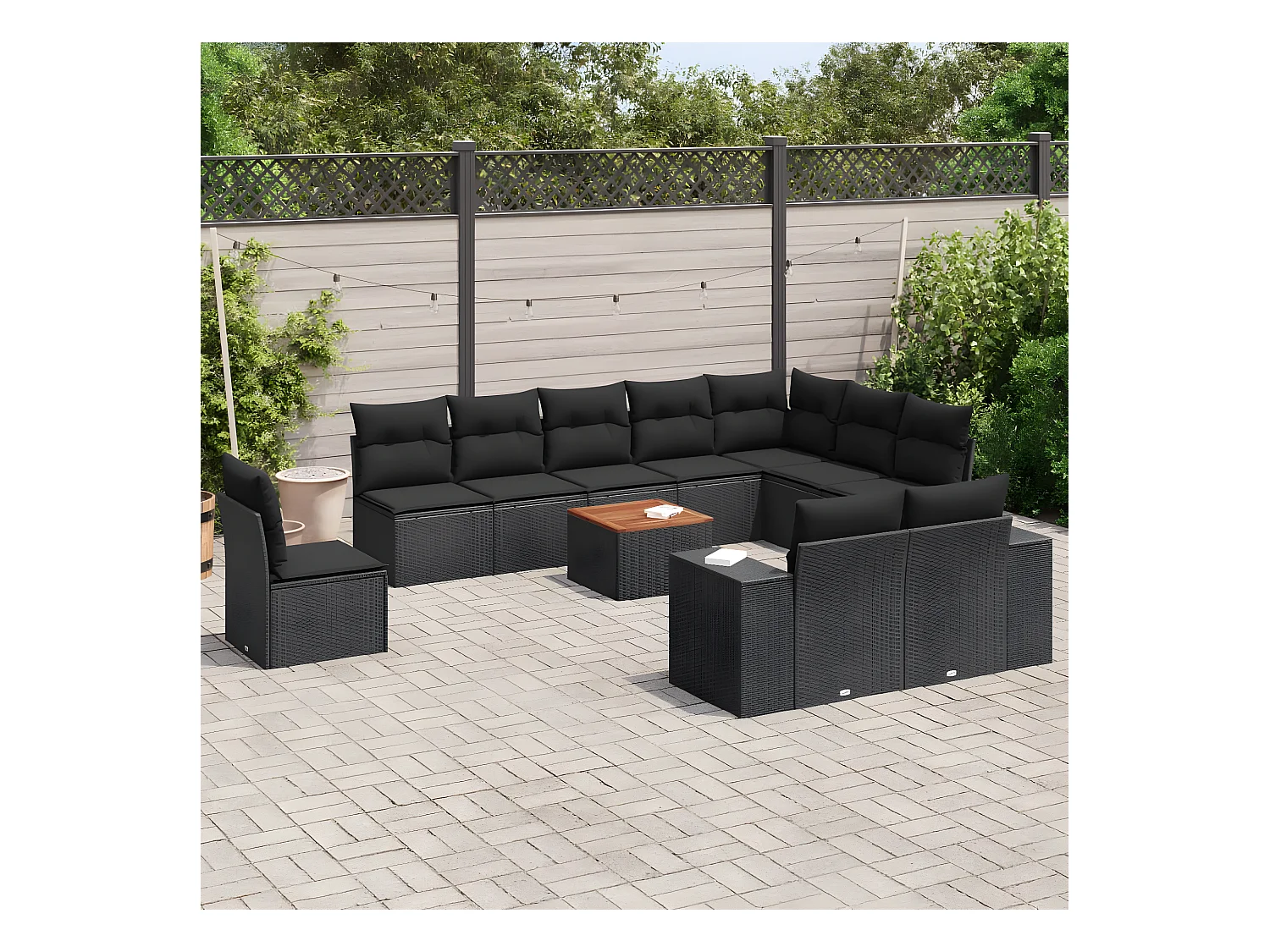 Salon de jardin 11 pcs avec coussins noir résine tressée
