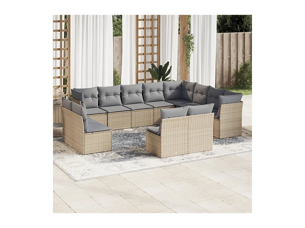 Salon de jardin avec coussins 12 pcs beige résine tressée