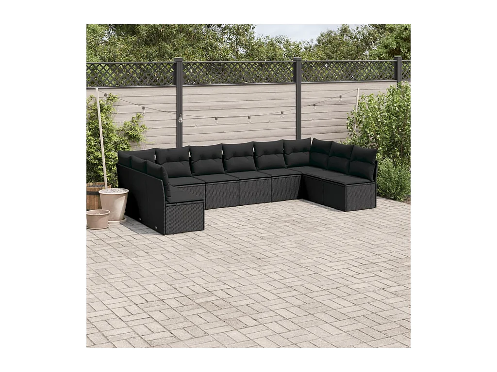 Salon de jardin 10 pcs avec coussins noir résine tressée