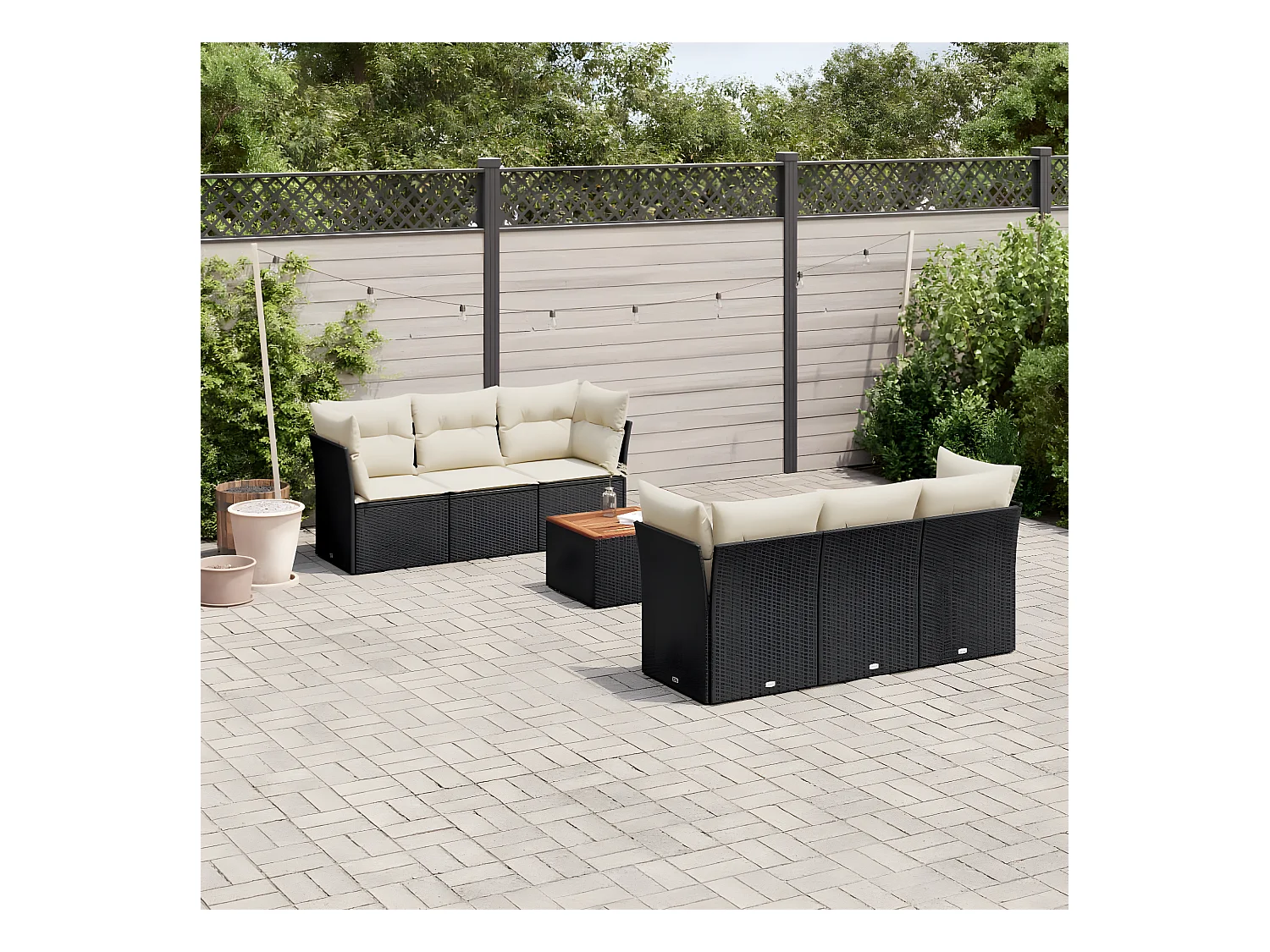 Salon de jardin 7 pcs avec coussins noir résine tressée