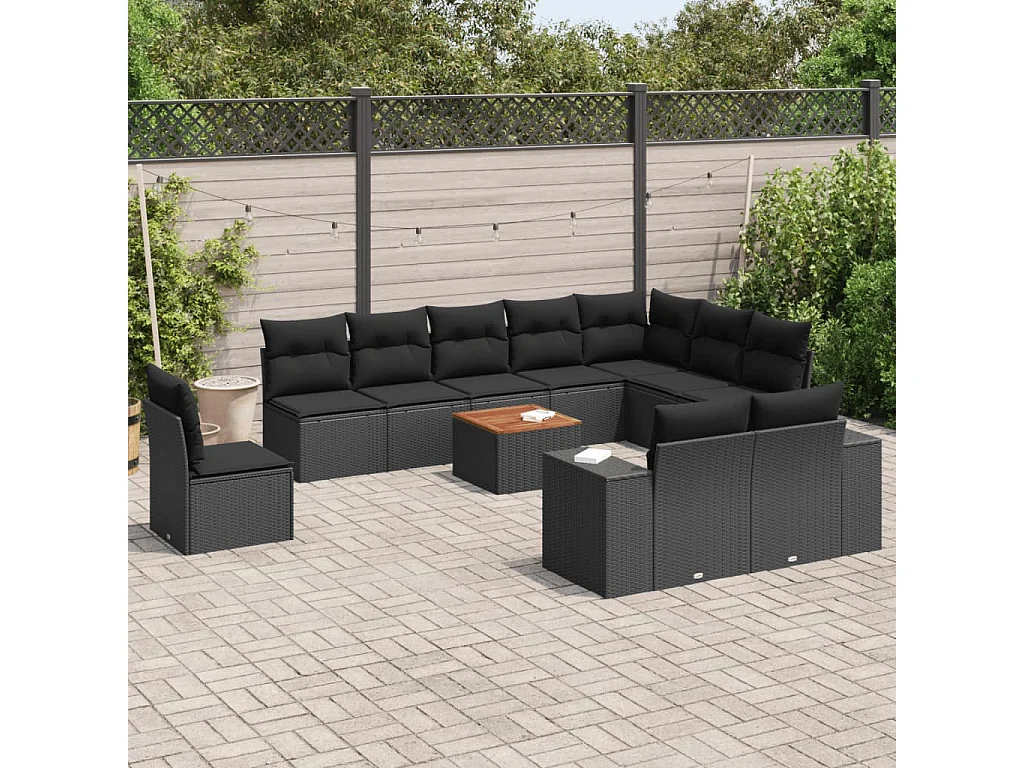 11-tlg. Garten-Sofagarnitur mit Kissen Schwarz Poly Rattan