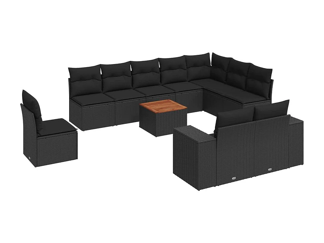 11-tlg. Garten-Sofagarnitur mit Kissen Schwarz Poly Rattan
