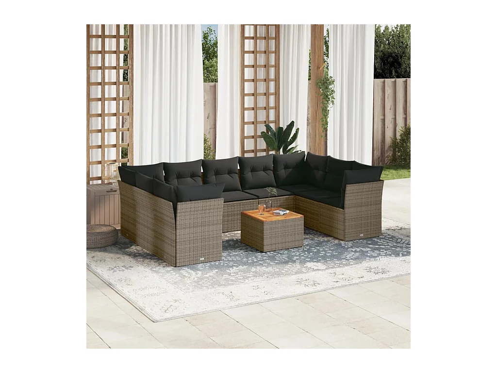 Salon de jardin avec coussins 10 pcs gris résine tressée