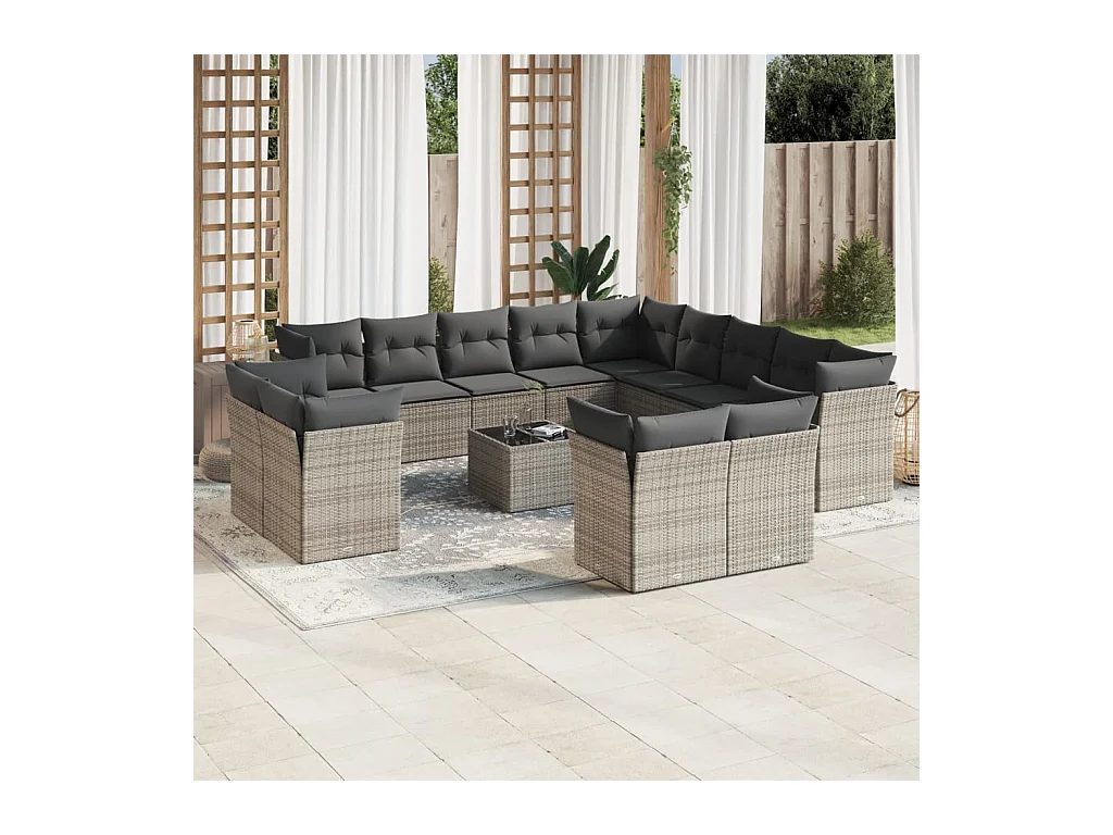 Salon de jardin avec coussins 14 pcs gris résine tressée
