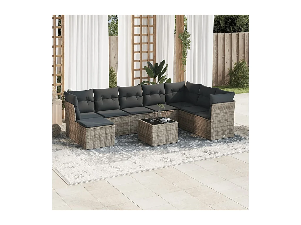 9-delige Loungeset met kussens poly rattan grijs
