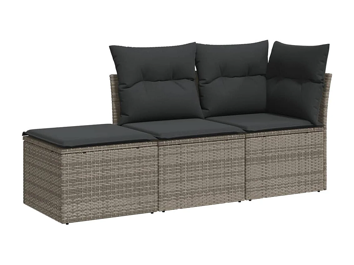 Set de sofá de jardín 3 pzas y cojines ratán sintético gris