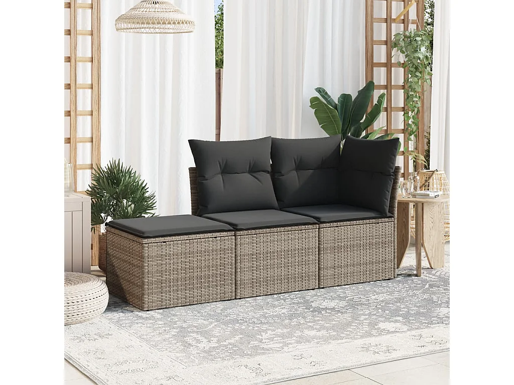 Set de sofá de jardín 3 pzas y cojines ratán sintético gris