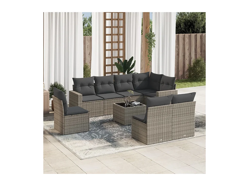 9-delige Loungeset met kussens poly rattan grijs