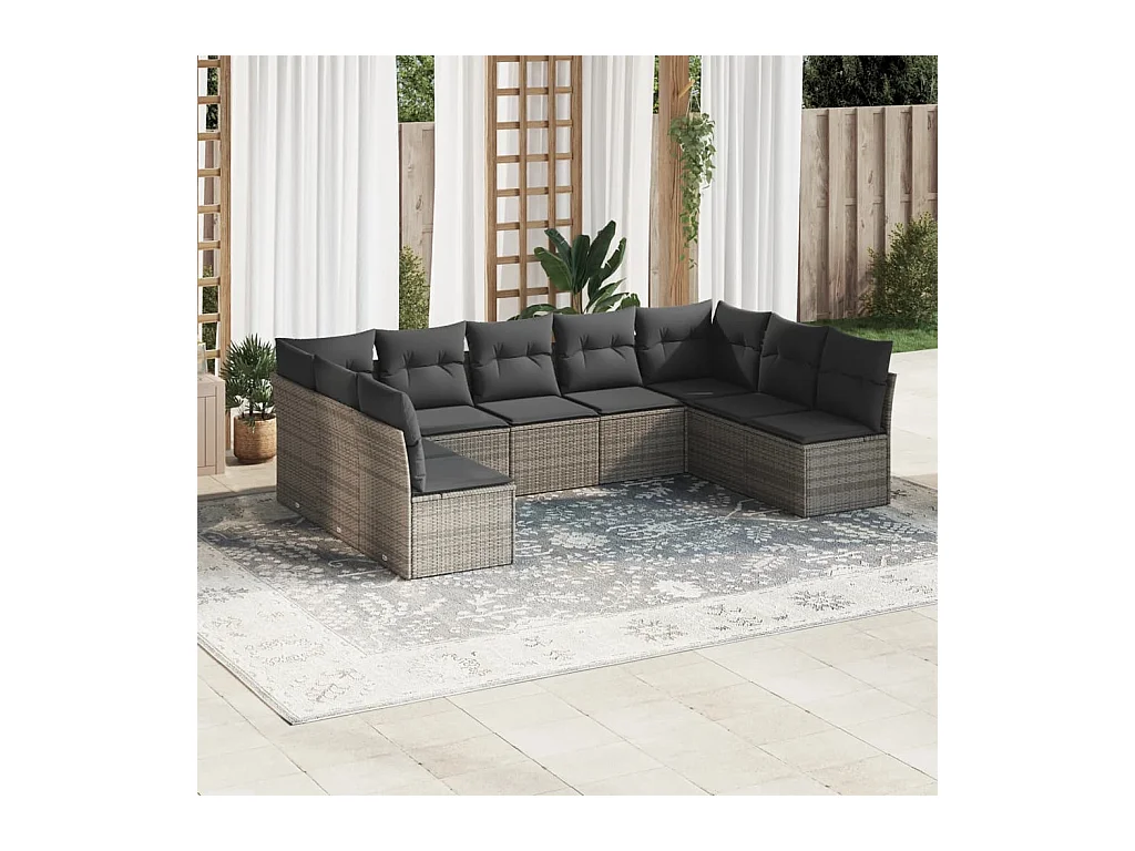 Salon de jardin 9 pcs avec coussins gris résine tressée