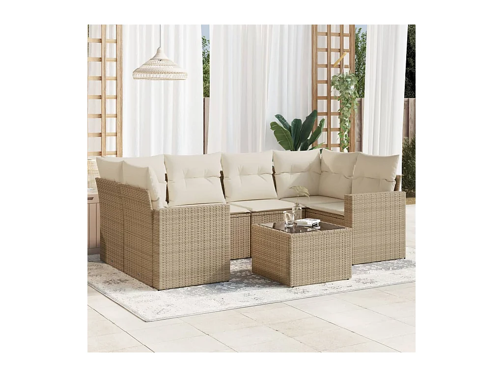 Set Divani da Giardino 7 pz con Cuscini Beige in Polyrattan