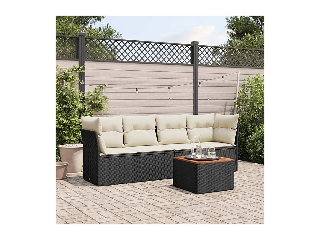 5-delige Loungeset met kussens poly rattan zwart