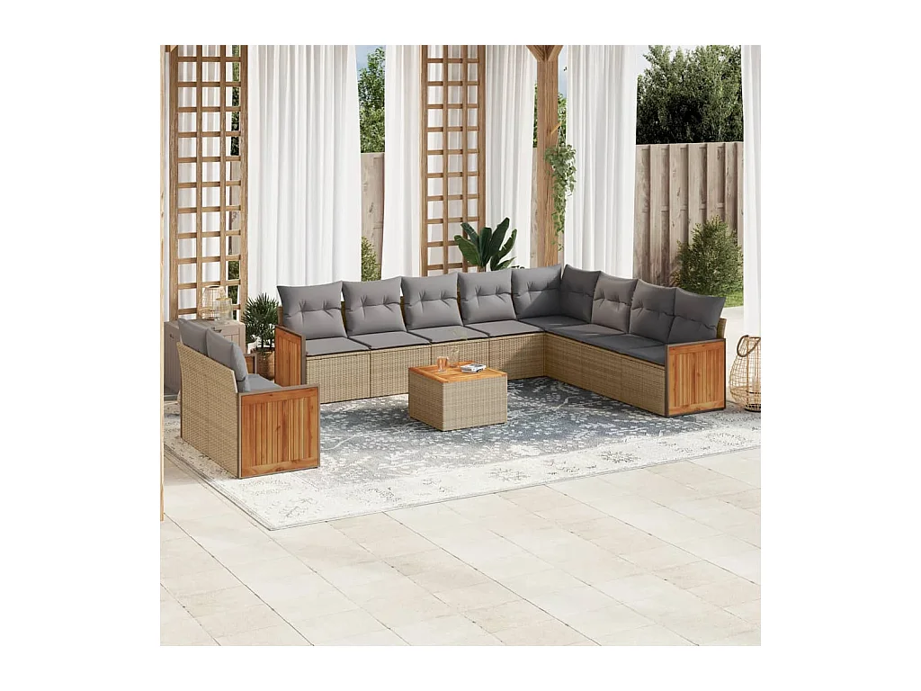 Set Divani da Giardino 11 pz con Cuscini Beige in Polyrattan