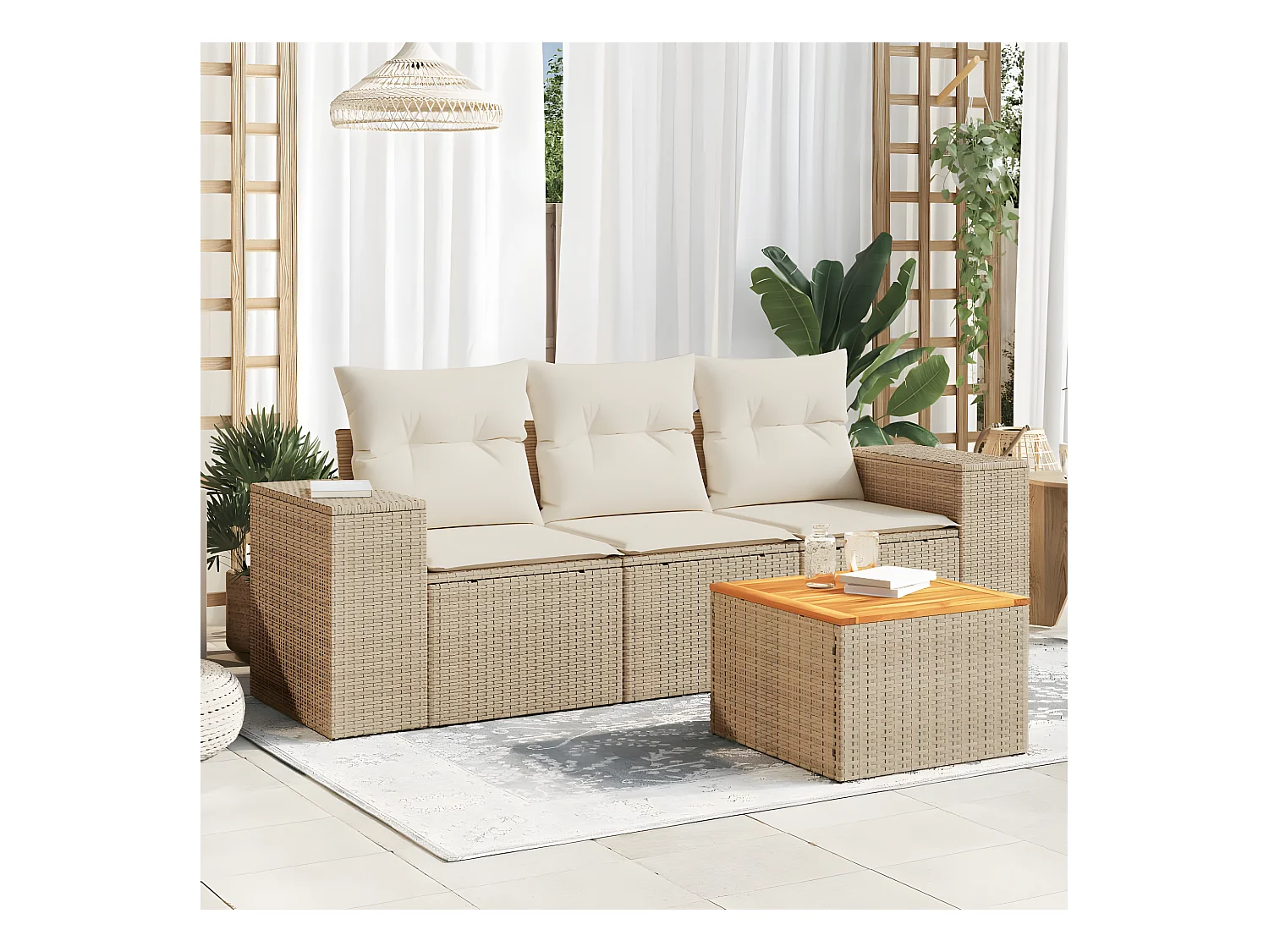 Set Divano da Giardino 4 pz con Cuscini Beige in Polyrattan
