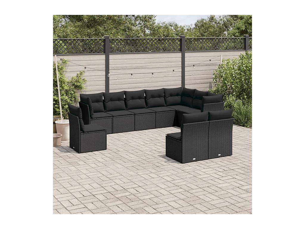 Set Divani da Giardino 10pz con Cuscini in Polyrattan Nero