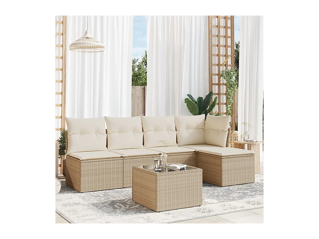 6-delige Loungeset met kussens poly rattan beige