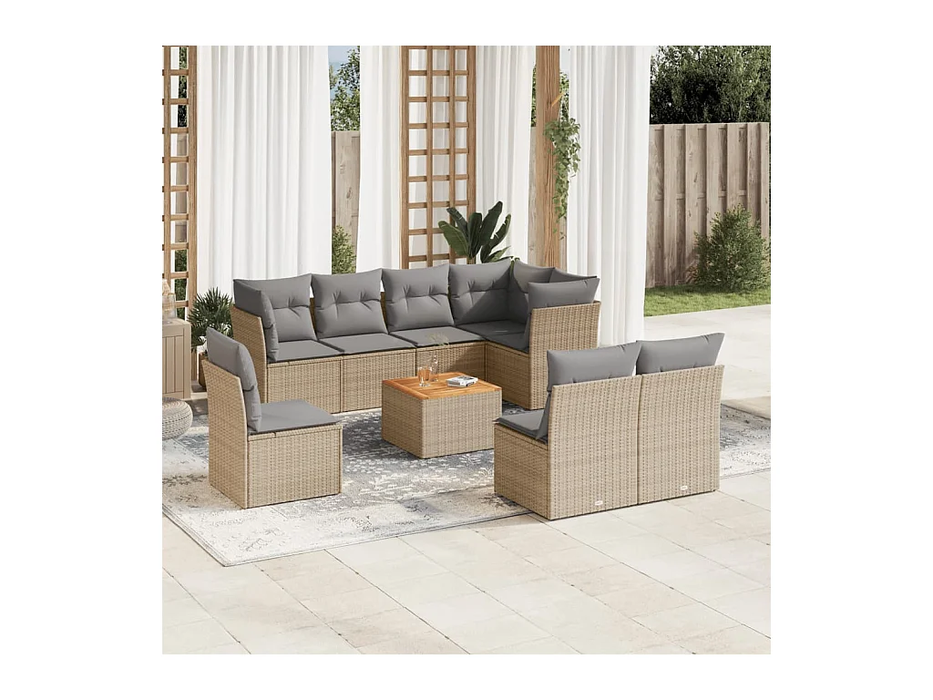 Set Divano da Giardino 9 pz con Cuscini Beige in Polyrattan