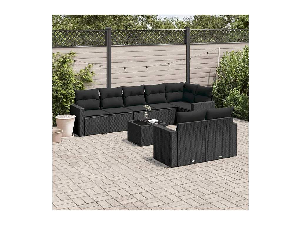 Set Divani da Giardino 9 pz con Cuscini Nero in Polyrattan