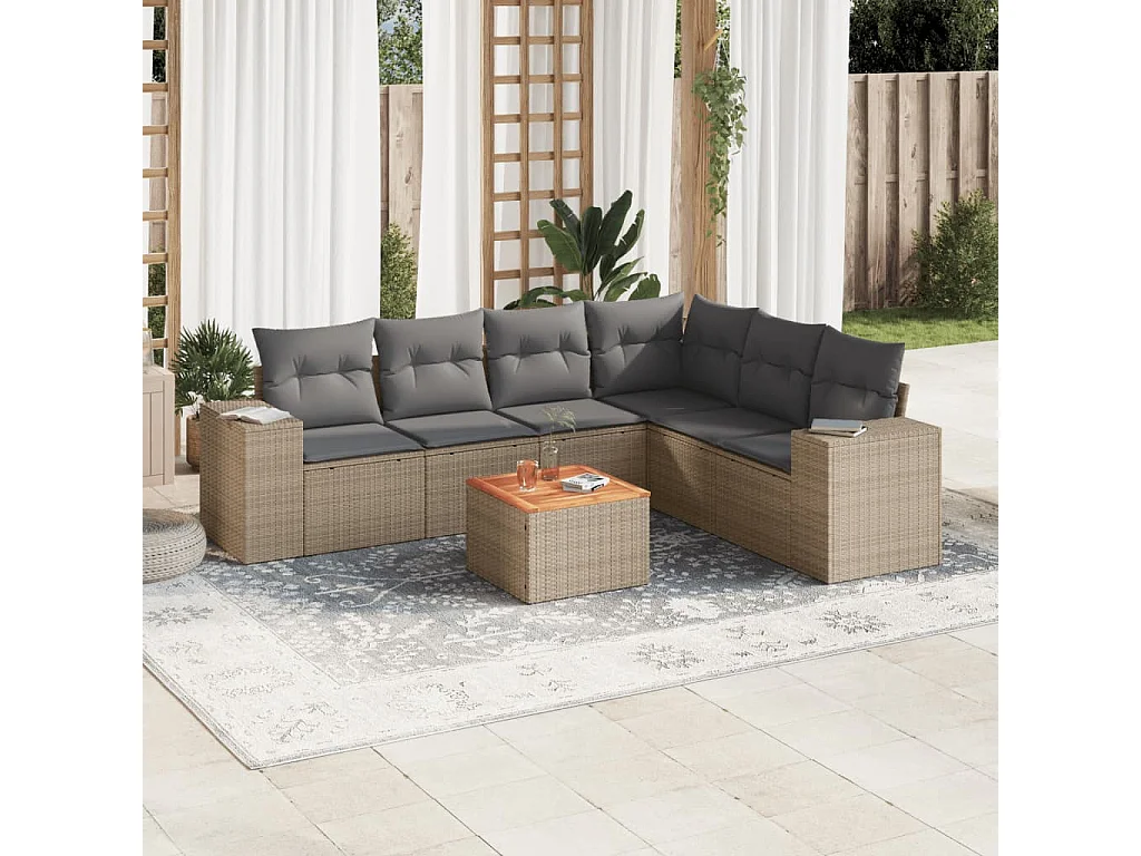 Set Divani da Giardino 7 pz con Cuscini Beige in Polyrattan