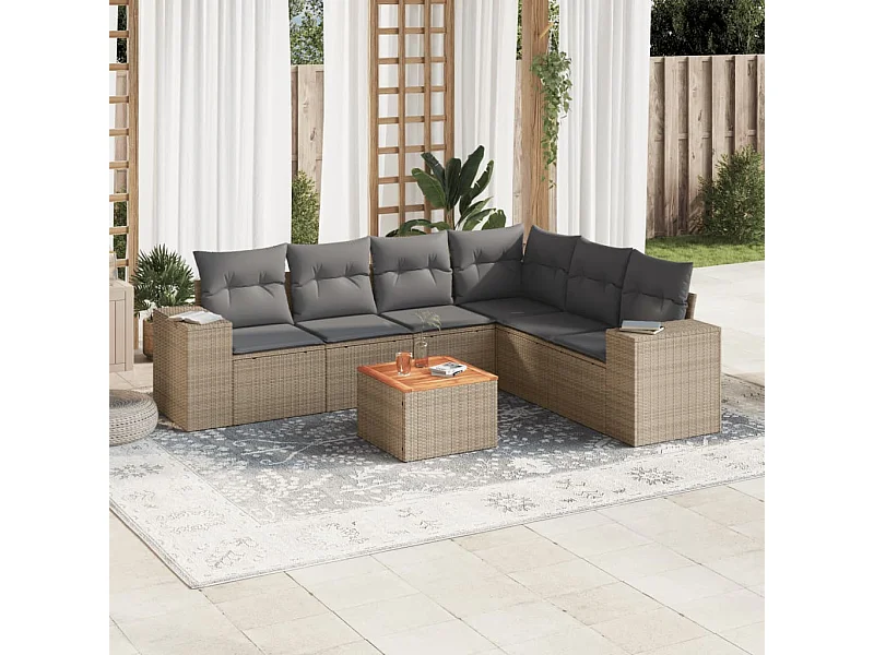 Set Divani da Giardino 7 pz con Cuscini Beige in Polyrattan
