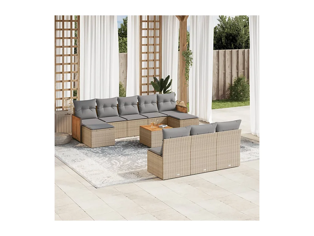 Salon de jardin 11 pcs avec coussins beige résine tressée
