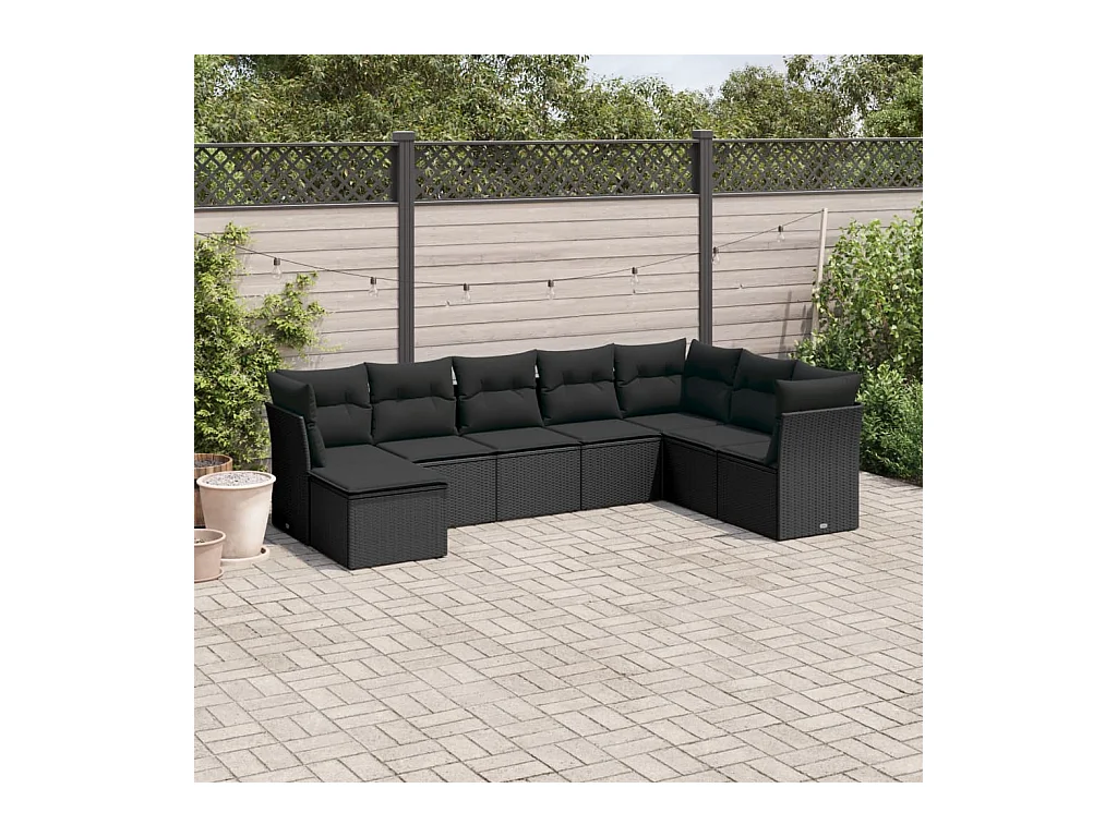 Salon de jardin 8 pcs avec coussins noir résine tressée