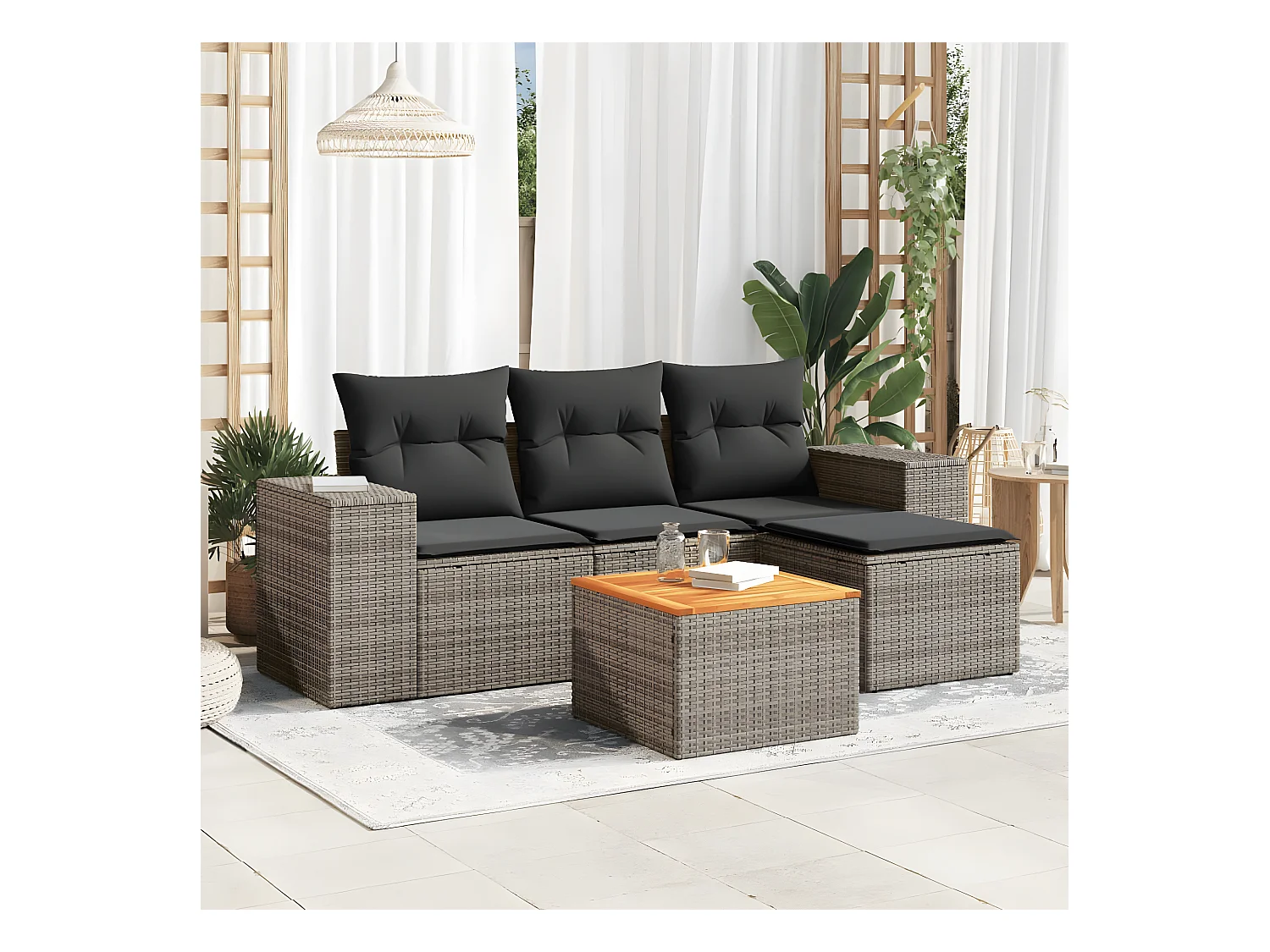 5-delige Loungeset met kussens poly rattan grijs