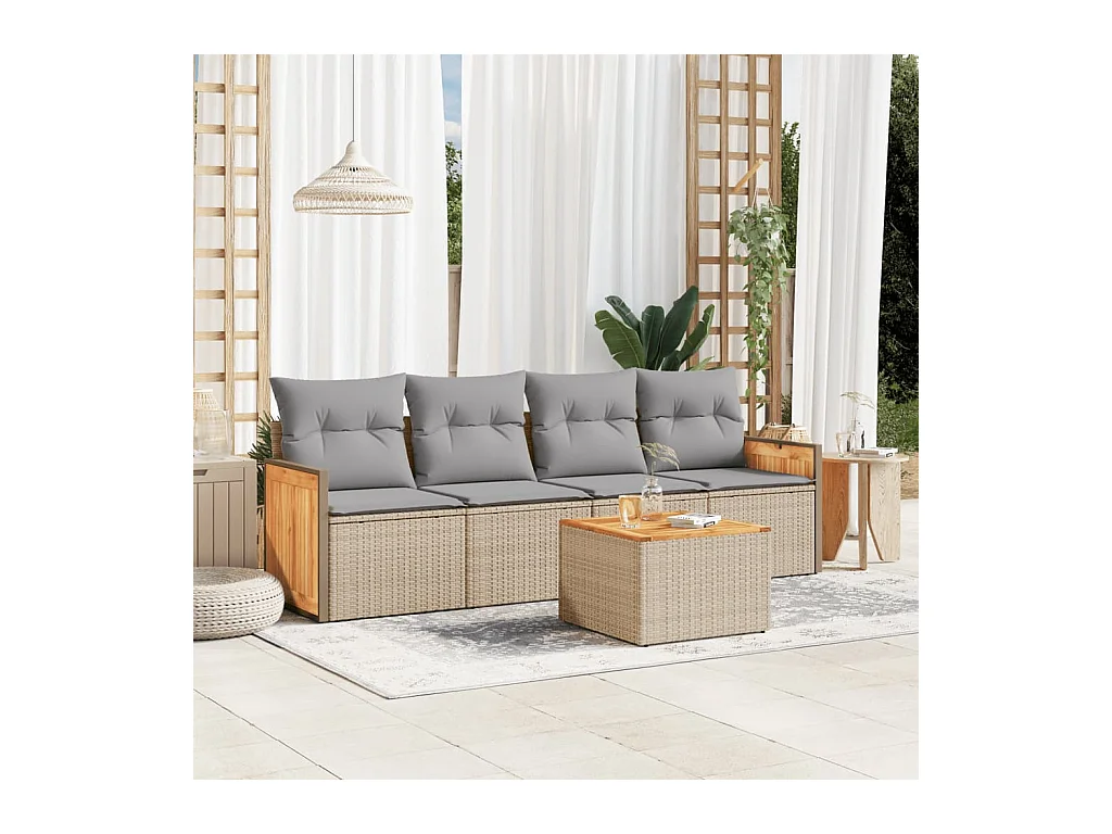 5-delige Loungeset met kussens poly rattan beige
