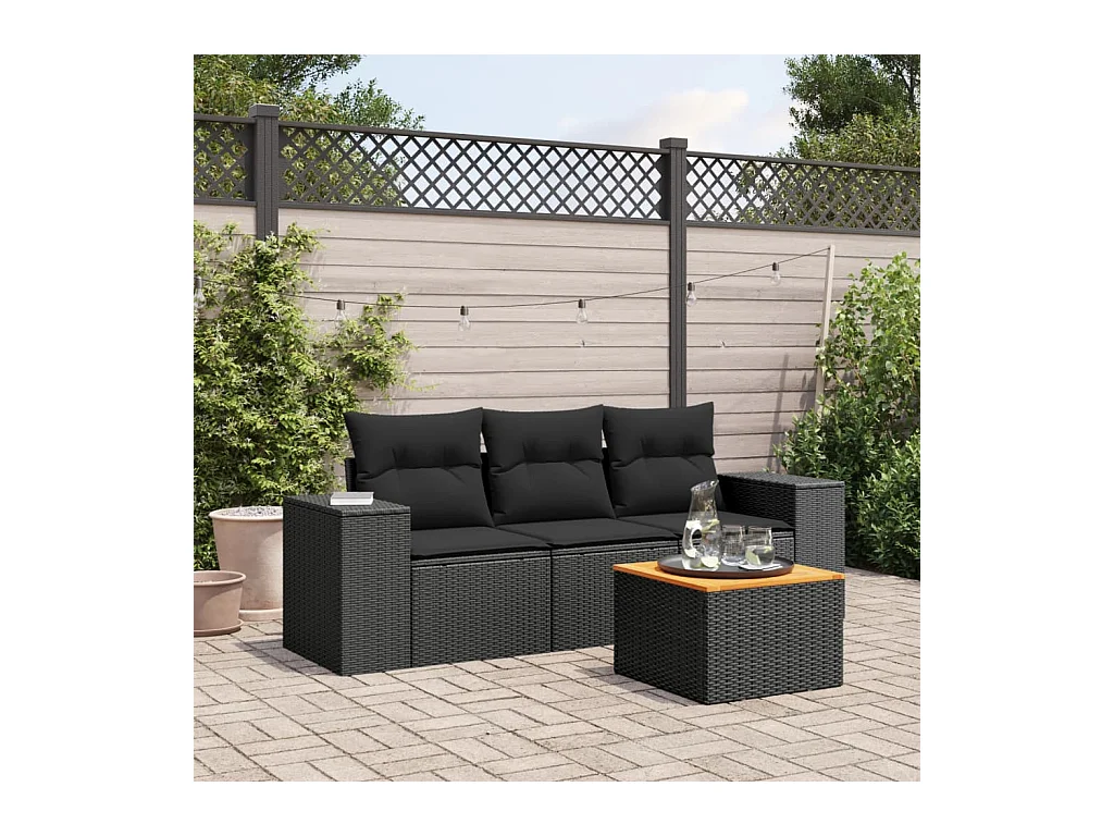 Salon de jardin 4 pcs avec coussins noir résine tressée