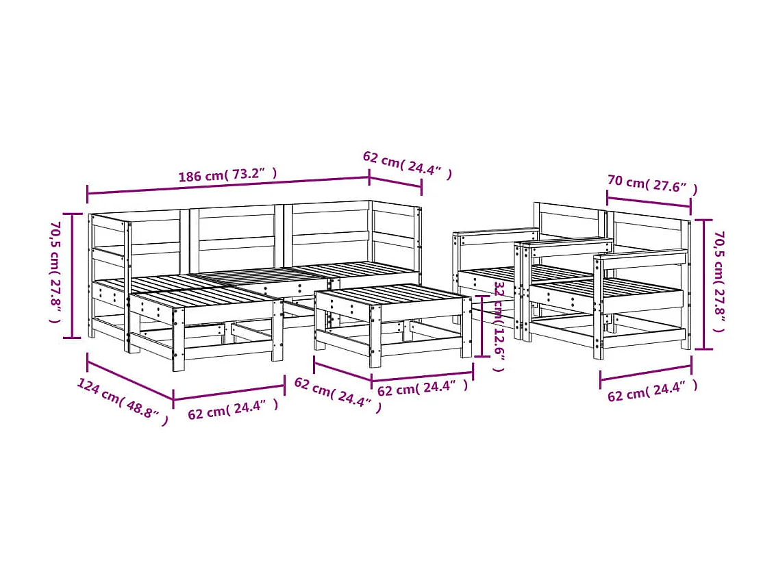Juego de muebles de jardín 7 piezas madera maciza de pino