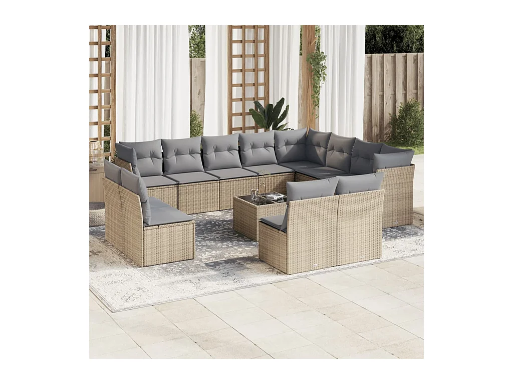 Salon de jardin avec coussins 13 pcs beige résine tressée