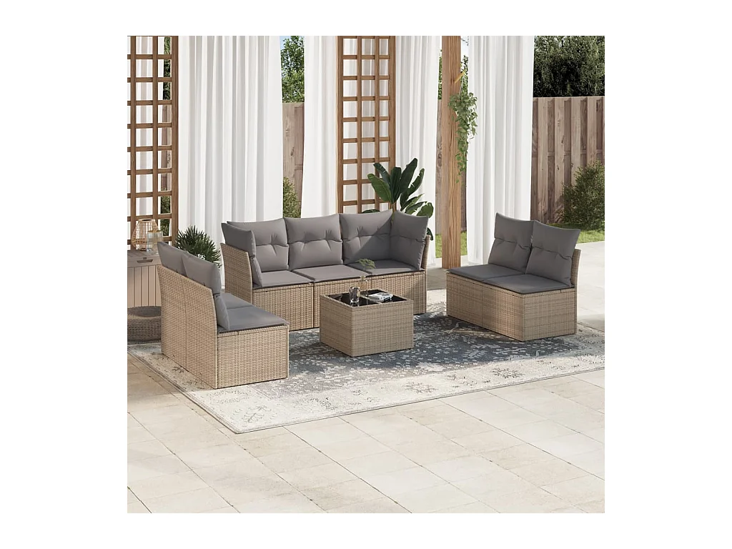 Set Divano da Giardino 8 pz con Cuscini Beige in Polyrattan