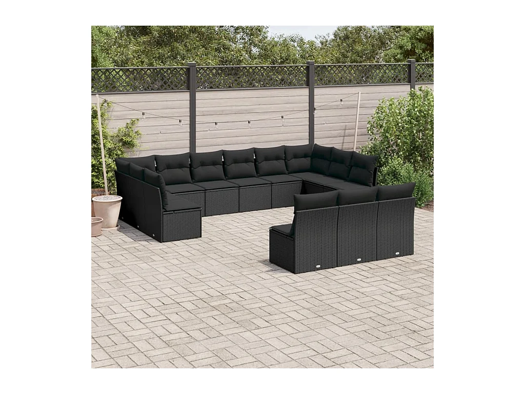 Salon de jardin avec coussins 13 pcs noir résine tressée