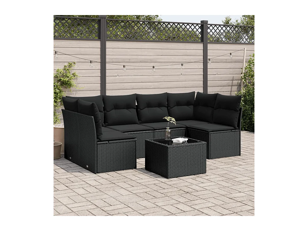 7-delige Loungeset met kussens poly rattan zwart