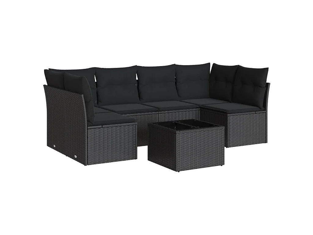 Salon de jardin 7 pcs avec coussins noir résine tressée