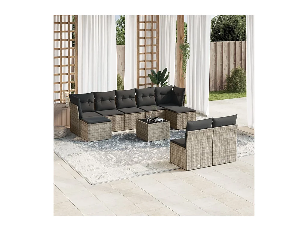 10-delige Loungeset met kussens poly rattan grijs