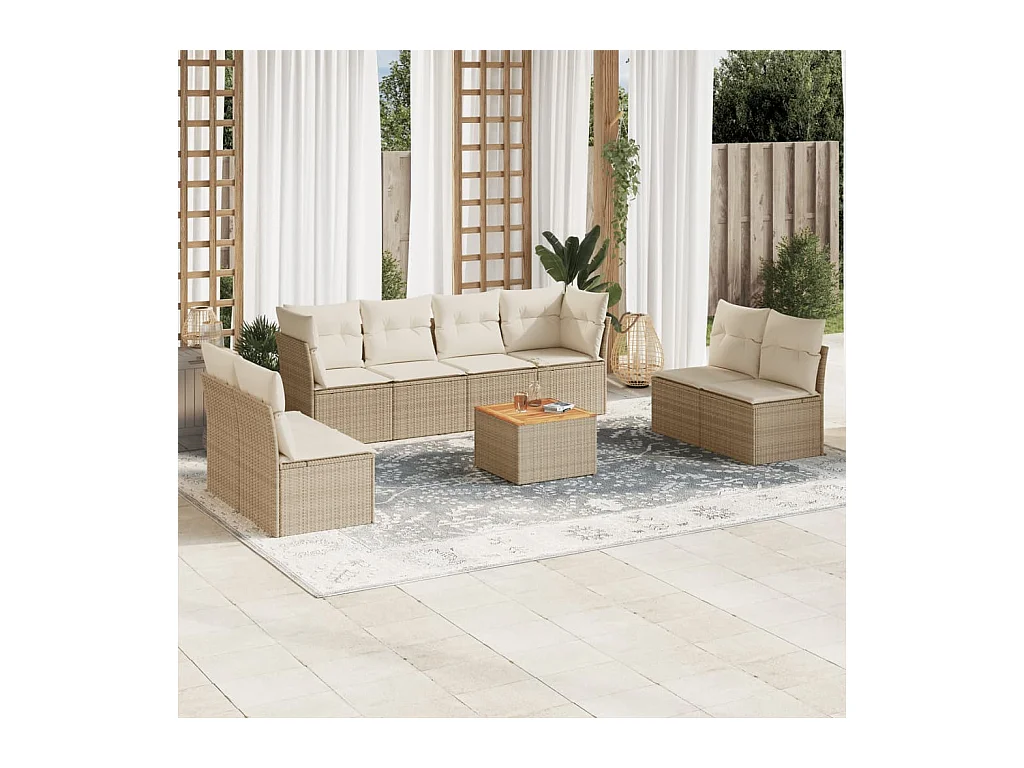 Salon de jardin avec coussins 9 pcs beige résine tressée
