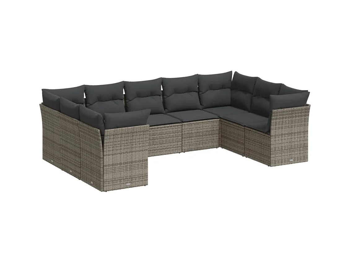 Salon de jardin 9 pcs avec coussins gris résine tressée