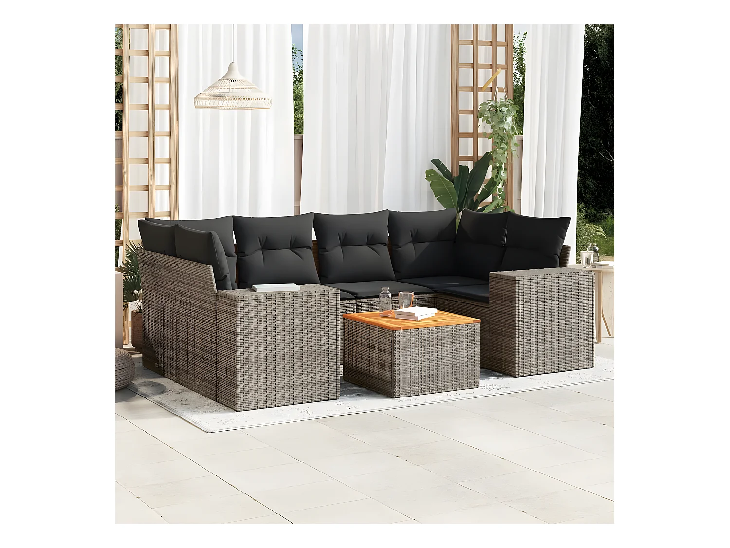 Set Divani da Giardino 7 pz con Cuscini Grigio in Polyrattan