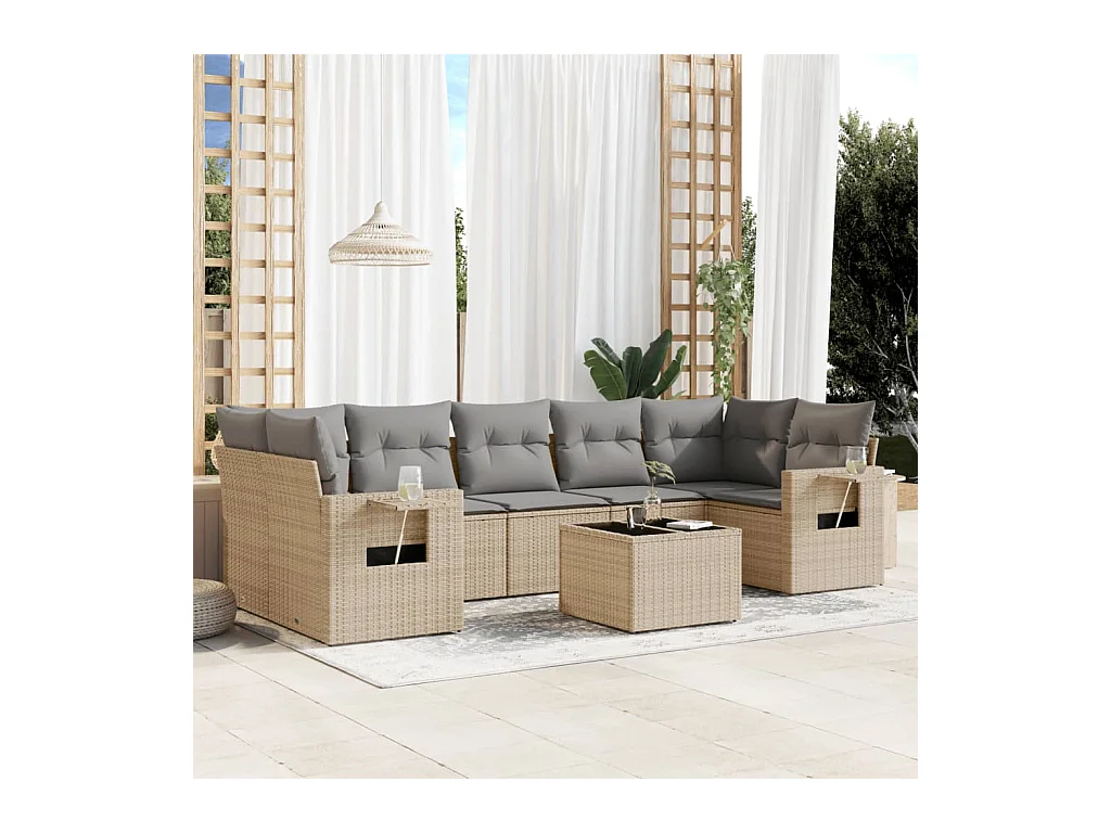 8-tlg. Garten-Sofagarnitur mit Kissen Beige Poly Rattan